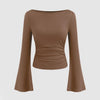 brown boat neck top with long bell sleeves and ruched detailing, perfect for stylish and comfortable wear