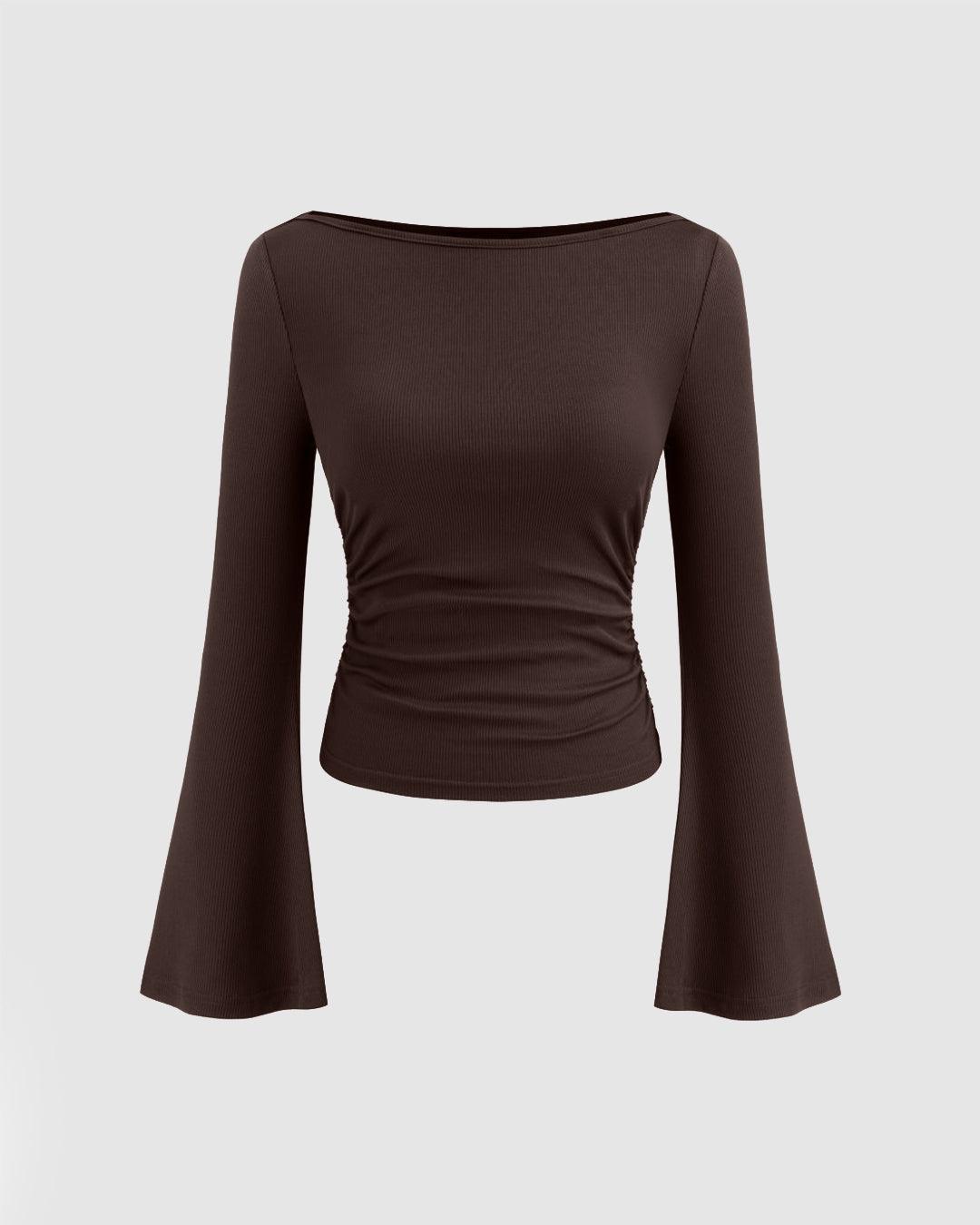 Boat Neck Solid Ruched Long Sleeve Top in Chocolate Brown