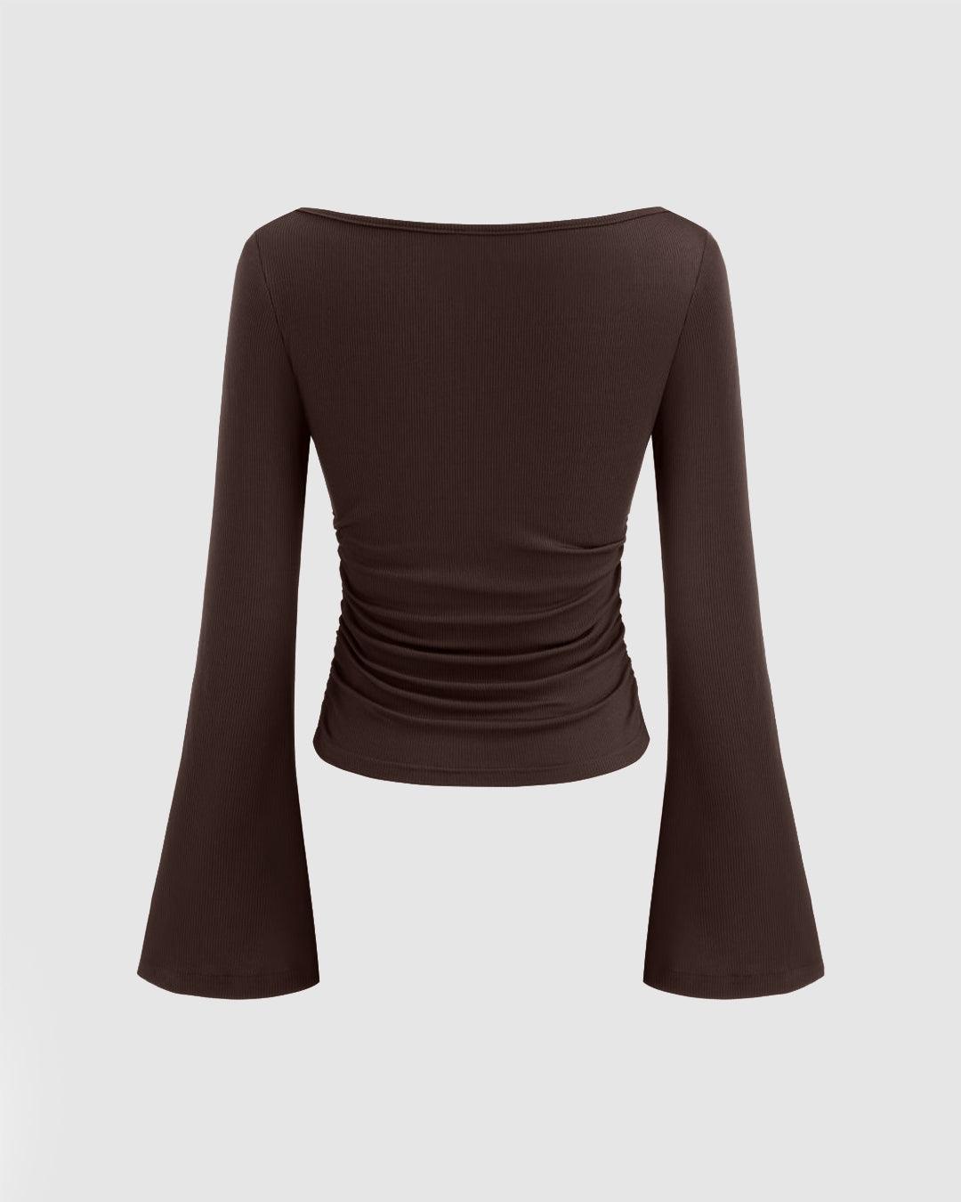 Boat Neck Solid Ruched Long Sleeve Top in Chocolate Brown