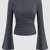 Boat Neck Solid Ruched Long Sleeve Top in Dark Grey Front View for Women | Littlebox India