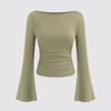 light green boat neck top with long bell sleeves and ruched detailing, perfect for stylish and comfortable wear 