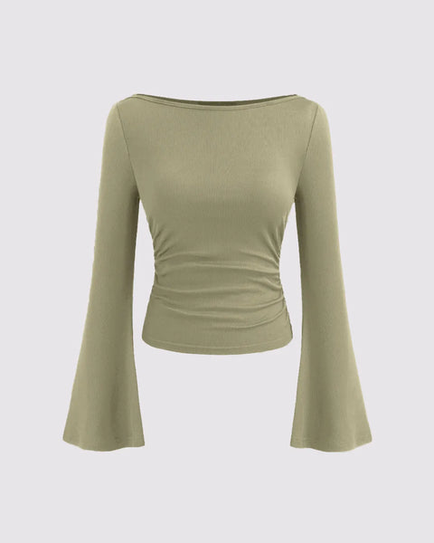 Boat Neck Solid Ruched Long Sleeve Top in Light Green Front View for Women | Littlebox India
