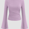 Front view of Lilac boat neck top with ruched sides and long flare sleeves, featuring a fitted silhouette for a soft and flattering look
