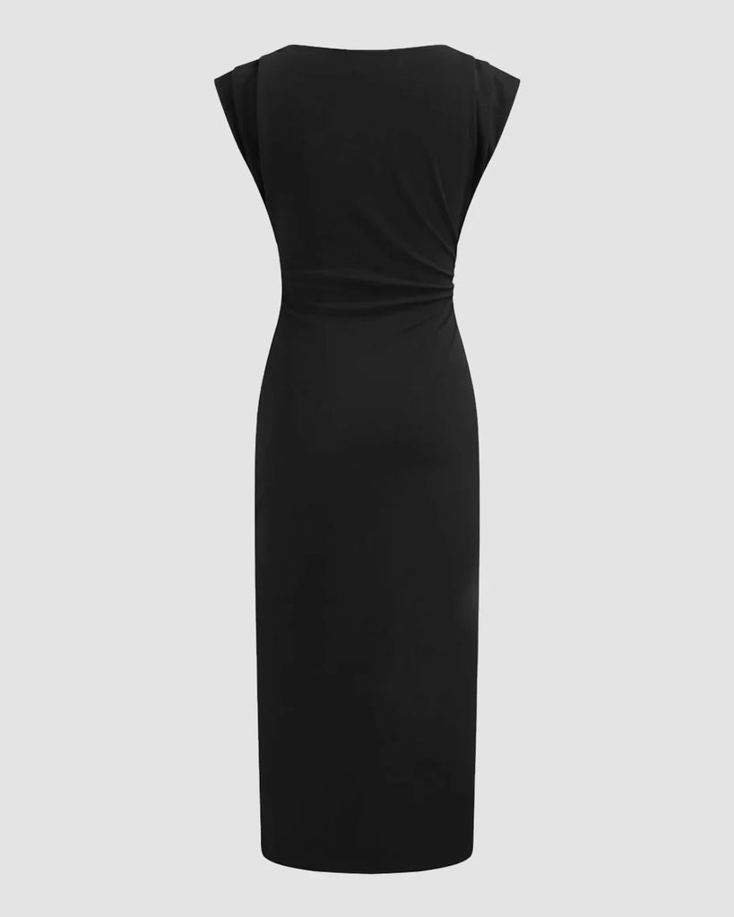 Boat Neck Solid Ruched Maxi Dress in Black