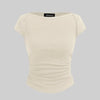 Boat Neck Solid Ruched Short Sleeve Apricot Top Front View For Women | Littlebox India