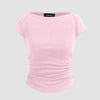 Boat Neck Solid Ruched Short Sleeve Baby Pink Top Front View For Women | Littlebox India