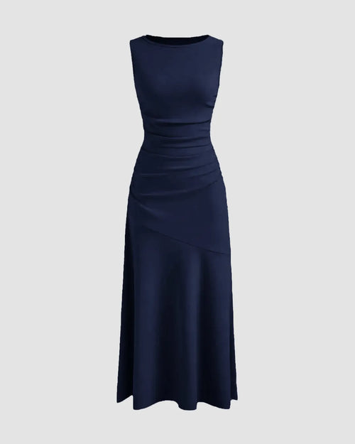 Front view of Dark navy sleeveless maxi dress with fitted bodice and flared hem, shown front and back on background.
