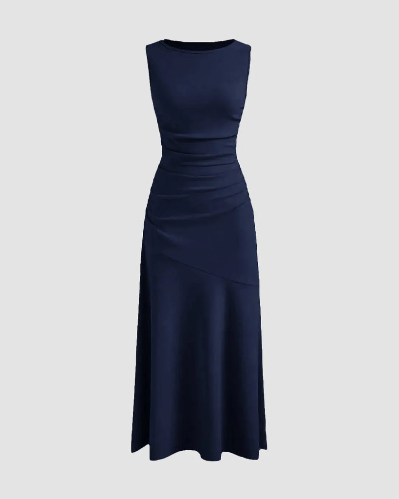 blue box dress Sleeveless Satin Maxi Dress in Navy Blue