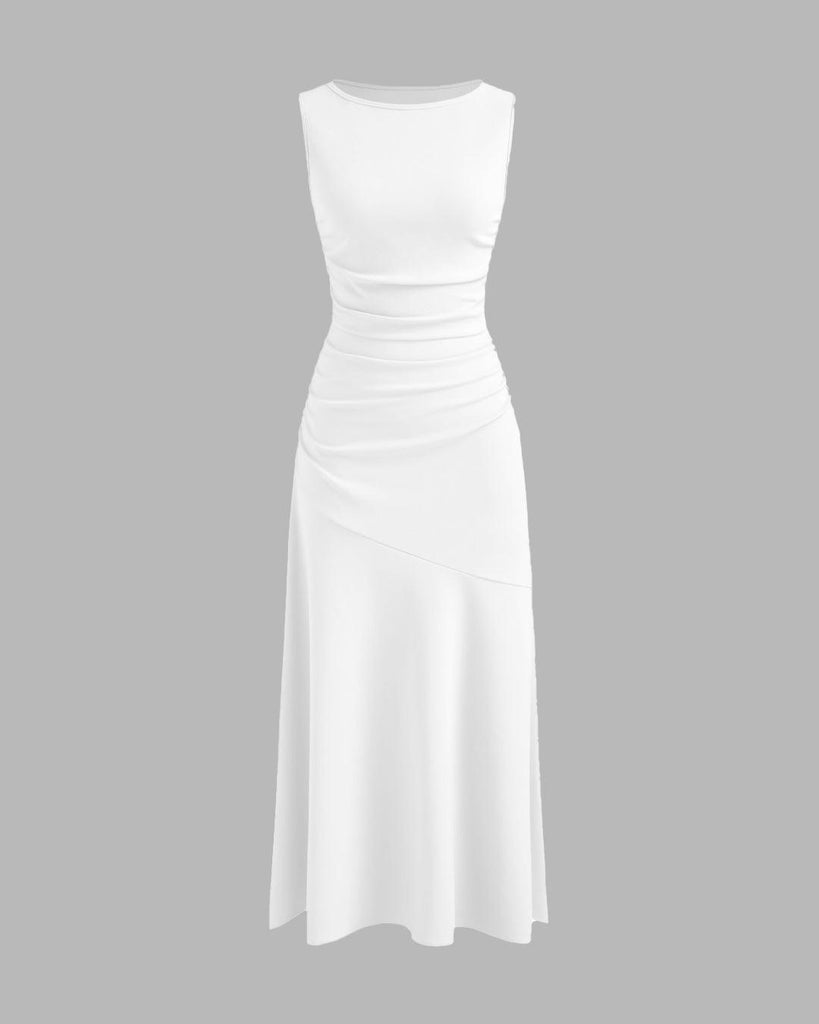 Sleeveless white boat neck maxi dress featuring ruched detailing at the waist