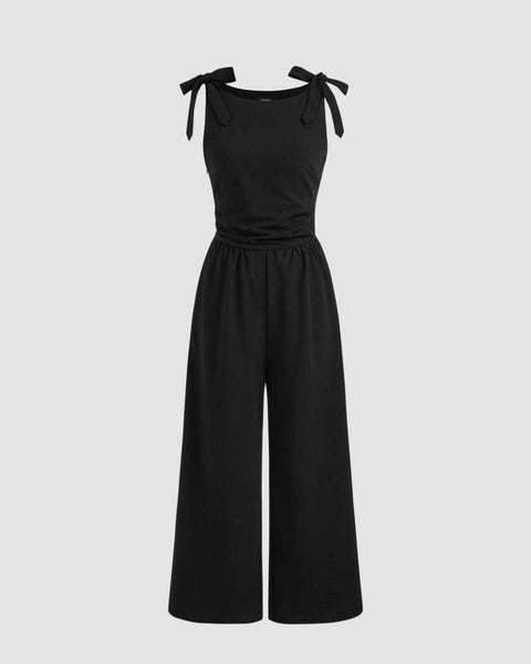 Boat Neckline Solid Bowknot Ruched Pocket Jumpsuit Front View For Women | Littlebox India