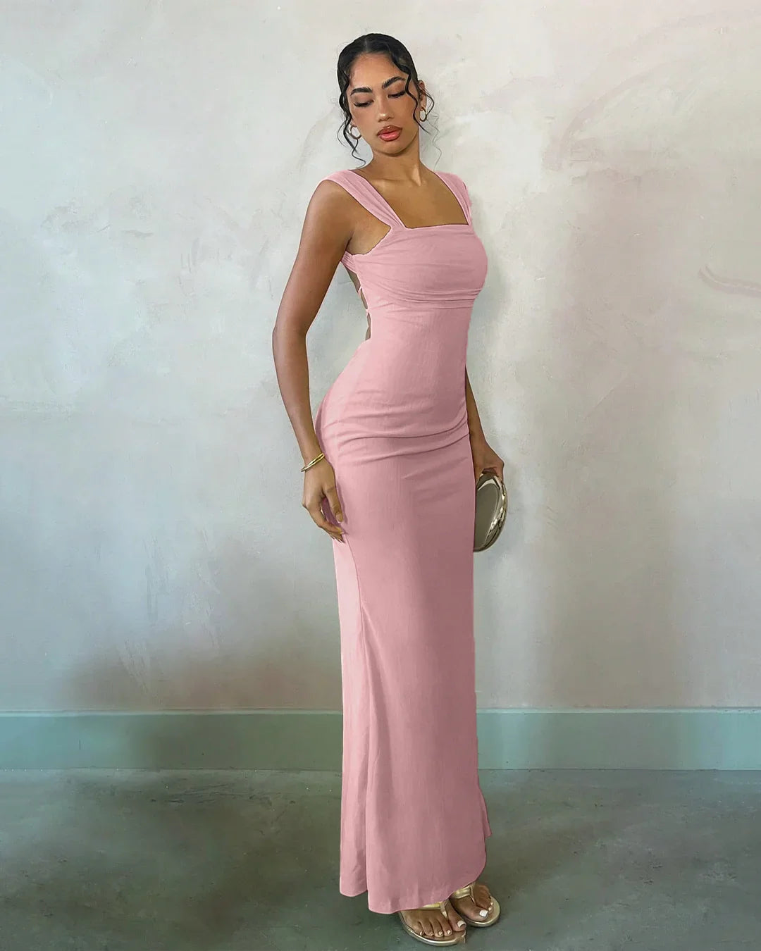 dusty pink bodycon dress Maxi with Square Neck in Size:6XL | 40 (for waist size 44