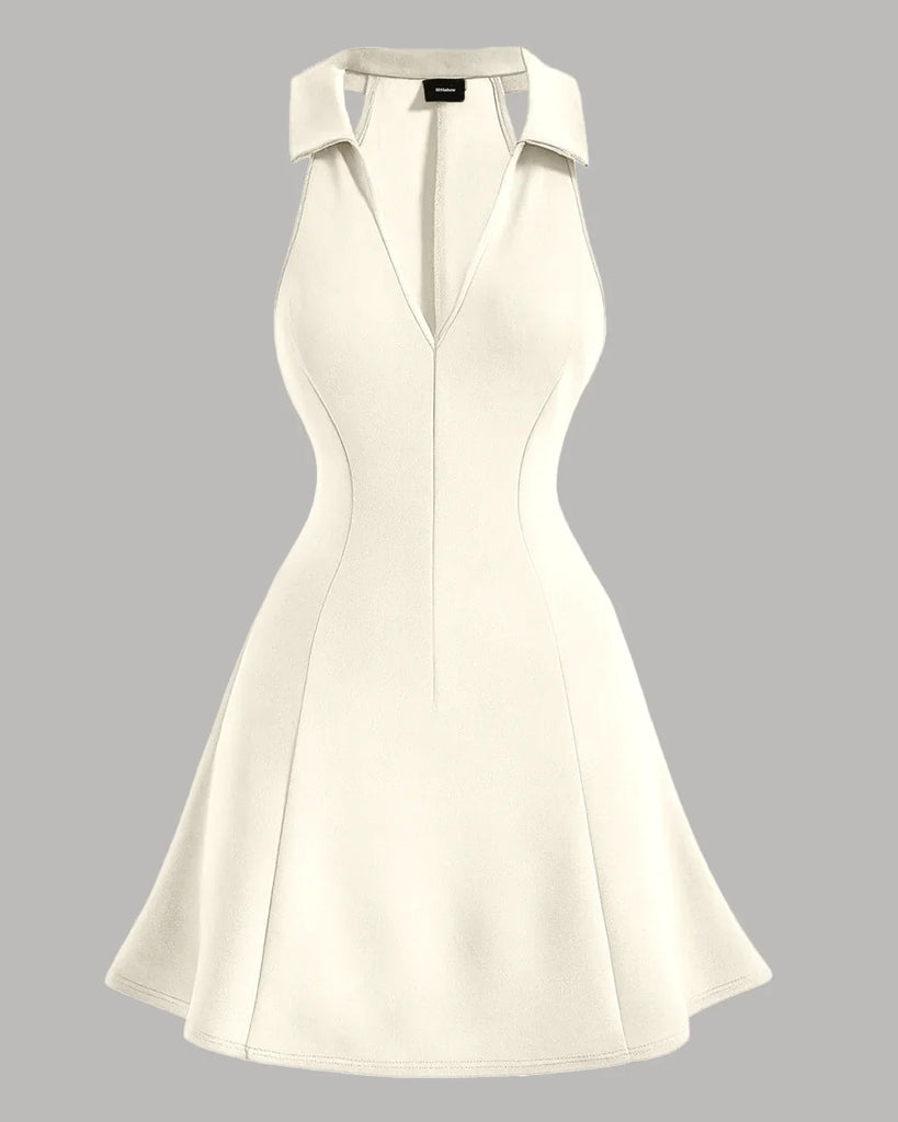 A beige bodycon summer dress featuring a high neck and a low back design.