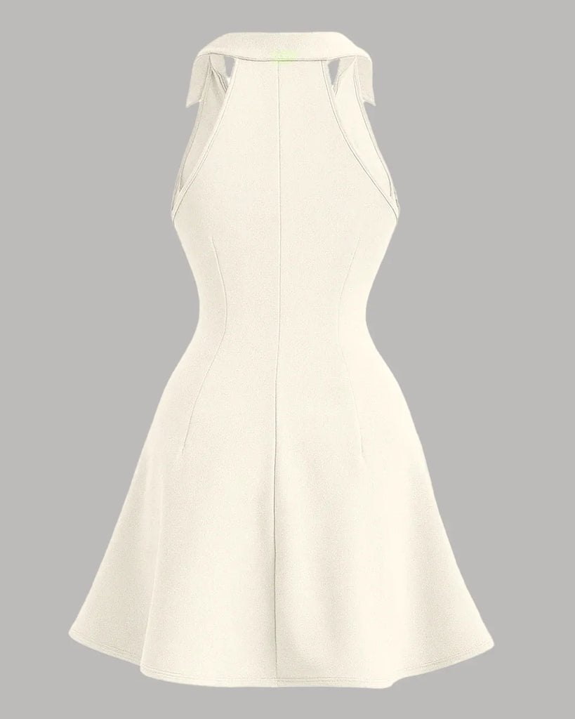 Back view of a beige bodycon summer dress featuring a high neck and a low back design.