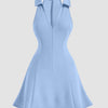 Light blue bodycon summer dress featuring a high neck and a stylish neckline.
