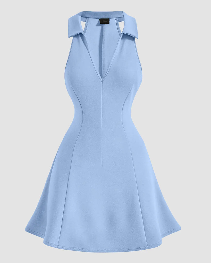 Light blue bodycon summer dress featuring a high neck and a stylish neckline.
