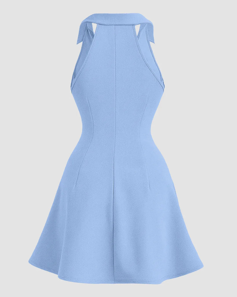 Back view of a Light blue bodycon summer dress featuring a high neck and a stylish neckline.