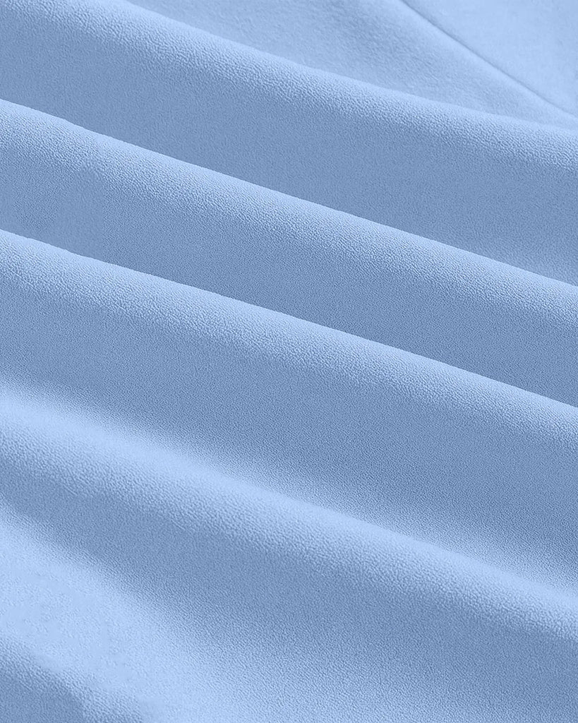 Closed view of a Light blue bodycon summer dress featuring a high neck and a stylish neckline.