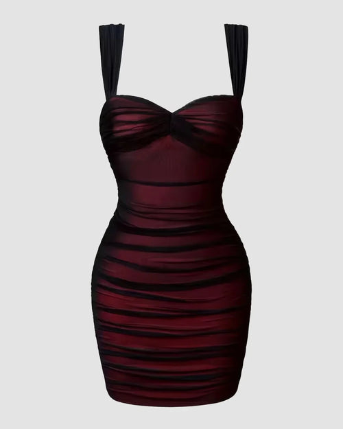 Front view of Maroon mesh bodycon mini dress with semi-sheer panels, structured bust, and waist-cinching fit for a bold, figure-hugging silhouette