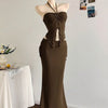 Bohemian Strapless Sleeveless Mesh Ruffle Top And Mermaid Skirt Set in Coco Brown Front View for Women | Littlebox India