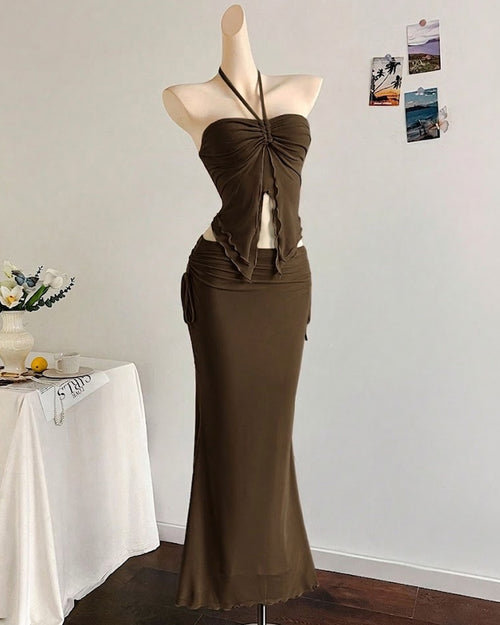 Bohemian Strapless Sleeveless Mesh Ruffle Top And Mermaid Skirt Set in Coco Brown Front View for Women | Littlebox India