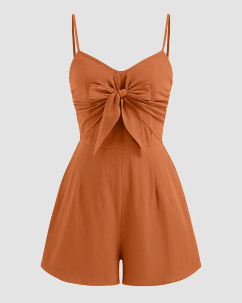 Bowknot Shirred Sleeveless V-Neck Spaghetti Strap Jumpsuit in Rust Front View For Women | Littlebox India