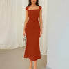 Brick Red Square Neck Cap Sleeve Bodycon Maxi Dress