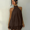 Brown Halter Tie Neck Layered Mini Dress