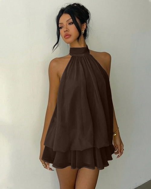 Brown Halter Tie Neck Layered Mini Dress