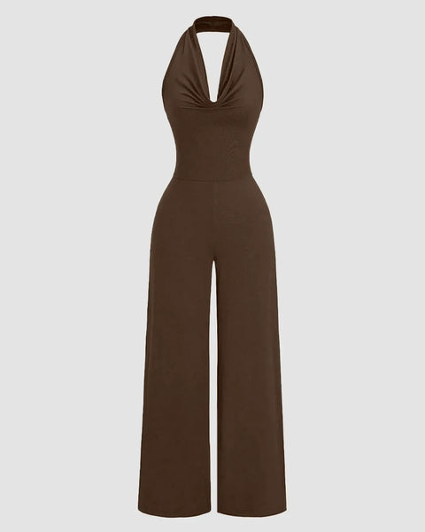 Brown halter cowl neck jumpsuit featuring wide legs, perfect for a stylish and comfortable outfit choice.
