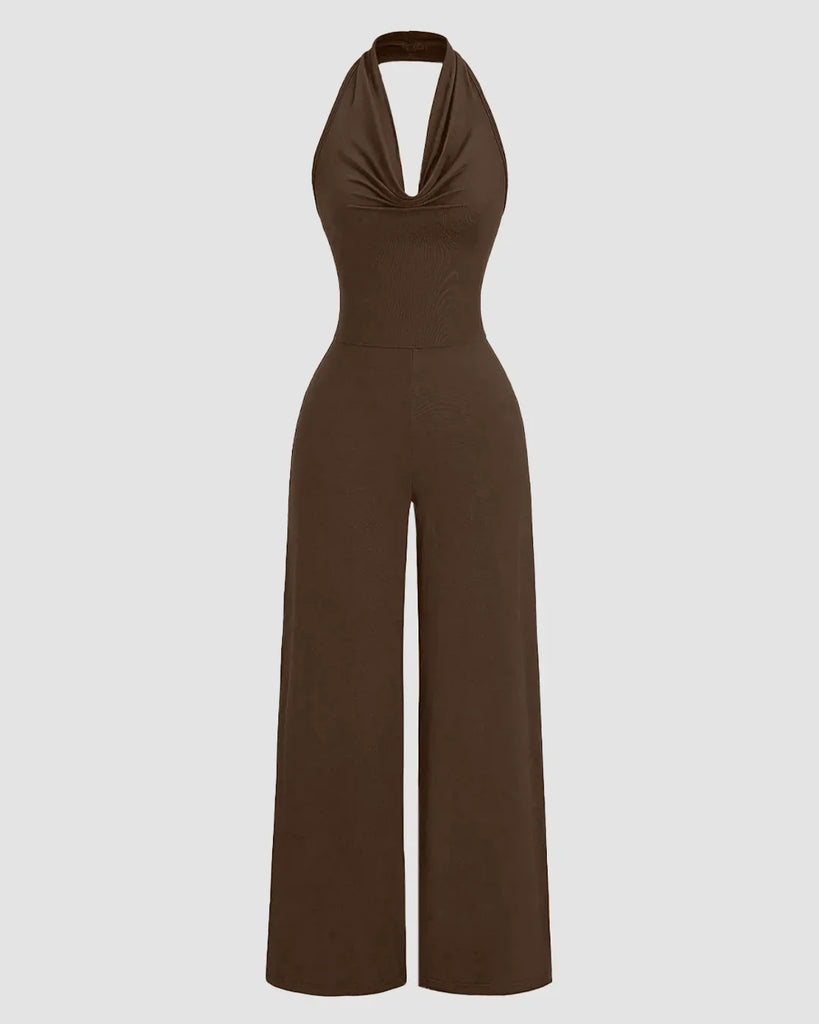 Brown halter cowl neck jumpsuit featuring wide legs, perfect for a stylish and comfortable outfit choice.
