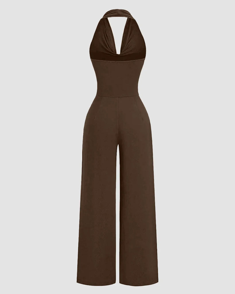 Back view of a Brown halter cowl neck jumpsuit featuring wide legs, perfect for a stylish and comfortable outfit choice.

