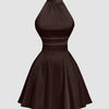 Brown Halter Neck Backless Ruched Mini Dress Front View for Women | Littlebox India