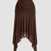 Brown High-Waisted Ruched Tiered Asymmetrical Hem Skirt Front View For Women | Littlebox India