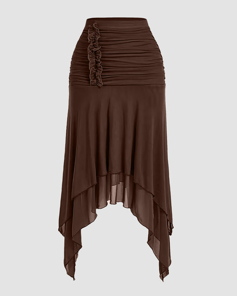 Brown High-Waisted Ruched Tiered Asymmetrical Hem Skirt Front View For Women | Littlebox India
