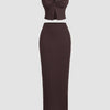Brown Knitted Two-Piece Set with Strapless Top and Fitted Skirt Front View For Women | Littlebox India