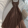 Brown Polka Dot Print Spaghetti Strap Sleeveless A-Line Midi Dress Front View for Women | Littlebox India