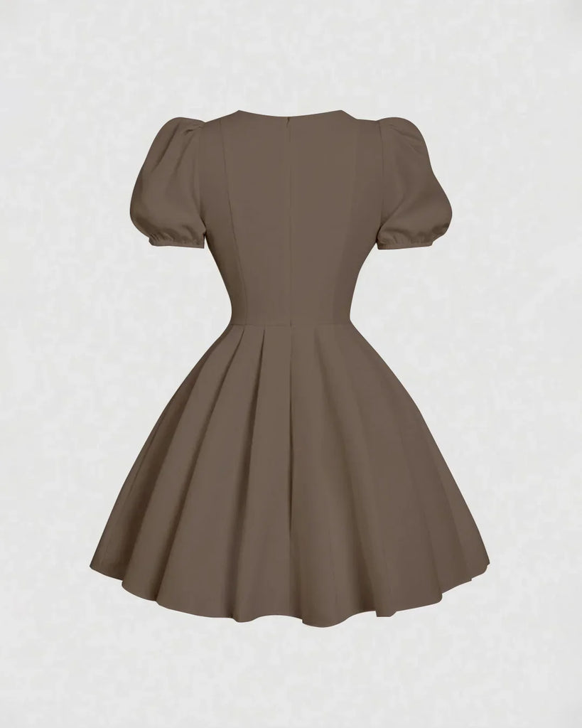 Brown Puff Sleeve V-Neck Bow Mini Dress Littlebox India Brown Puff Sleeve V-Neck Bow Mini Dress Littlebox India