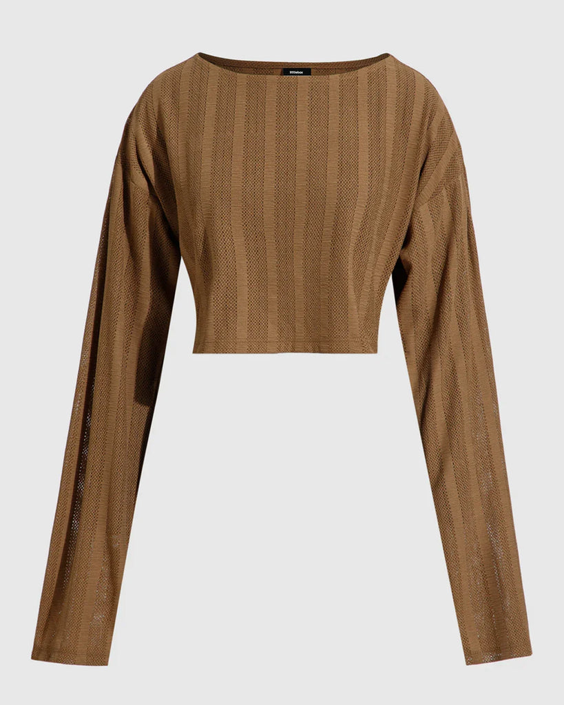 Brown ribbed cropped sweater with full sleeves, showcasing a stylish and modern design.