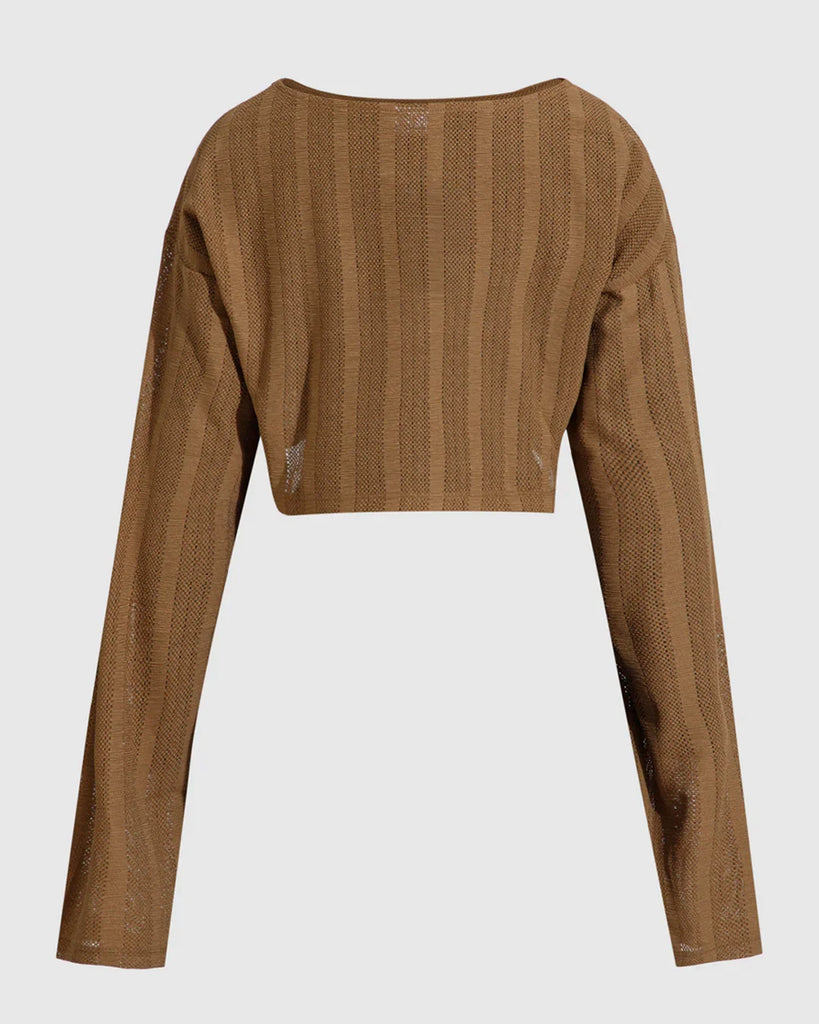 Brown ribbed cropped sweater with full sleeves, showcasing a stylish and modern design.