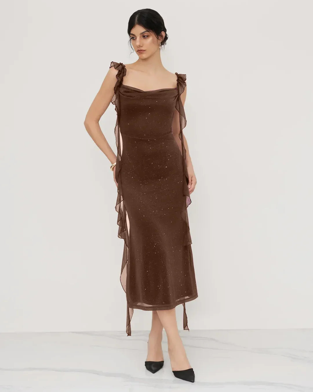 midi brown bodycon dress Ruched Ruffle Mesh – Littlebox India Prom Dress with Slit Belted Cutwork Lace Trim Size:EURO 46 / UK 12 this dress is an