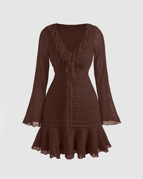 Front view of Brown long-sleeve midi dress with ruched bodice, ruffled V-neck and flared ruffle hem on a plain background
