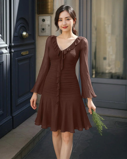 Brown Ruffle Hem Mini Dress with Long Sleeves On Model for Women | Littlebox India