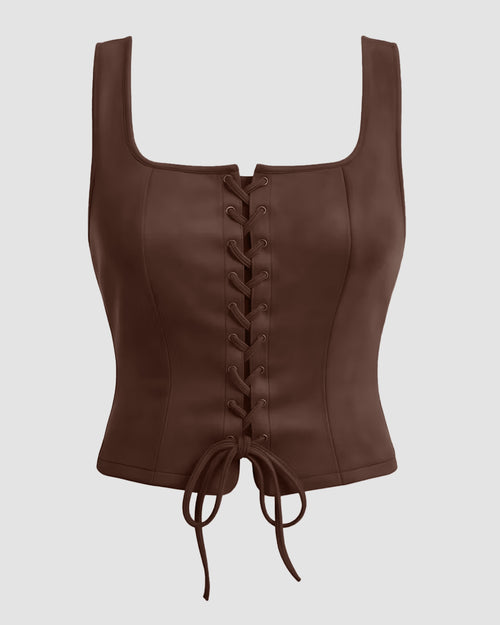 Brown Sleeveless Corset Tank Top Front View For Women | Littlebox India