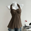 Brown Twist Front Draped Halter Top Front View For Women | Littlebox India
