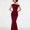 Front view of Burgundy asymmetrical neck bodycon maxi dress with fitted silhouette and flared hem, featuring an elegant sleek design