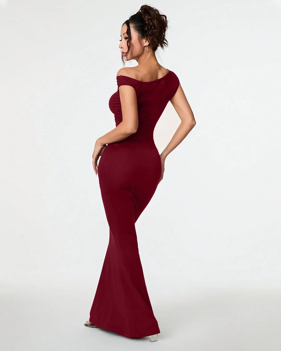Burgundy Asymmetrical Neck Bodycon Maxi Dress – Littlebox India