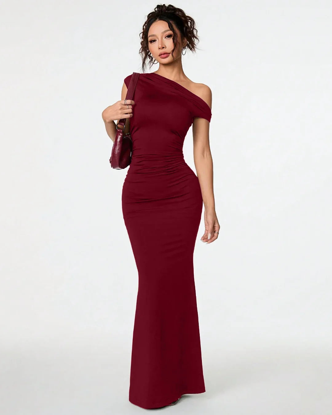 Burgundy Asymmetrical Neck Bodycon Maxi Dress Littlebox India Burgundy Asymmetrical Neck Bodycon Maxi Dress Littlebox India