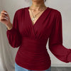 Burgundy Crossover V Neck Ruffled Waist Bubble Long Sleeve Top Front View For Women | Littlebox India