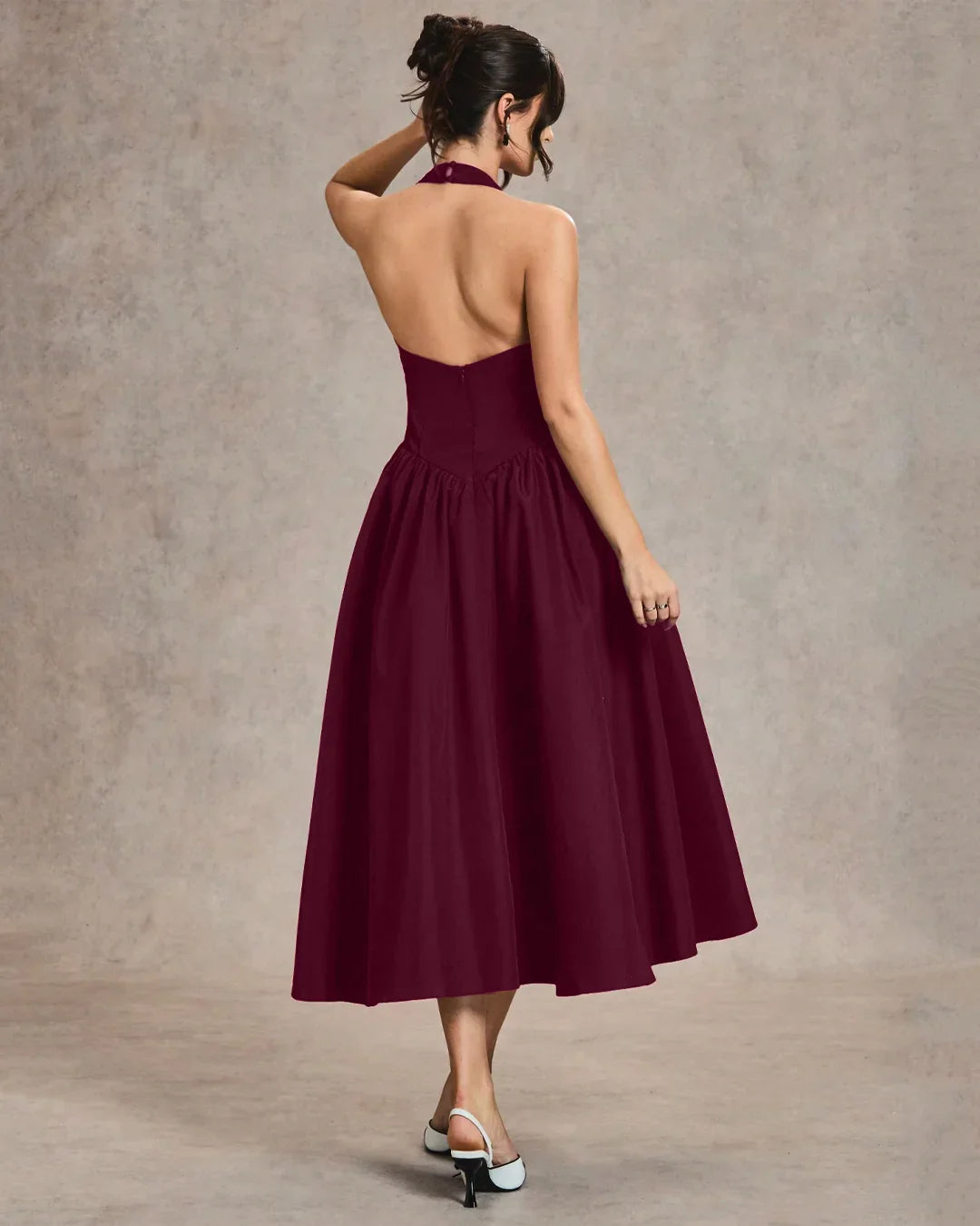 burgundy halter midi dress Neck A-Line Chiffon Halter Faux Wrap sylvia-gown-look Available Sizes:16.5 36/37 complete with a sultry