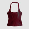 Front view of Burgundy halter neck corset top featuring a low neckline, designed for a stylish and flattering fit.